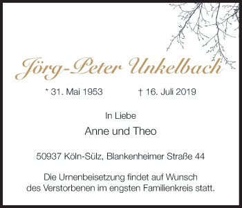 Anzeige von Jörg-Peter Unkelbach von Kölner Stadt-Anzeiger / Kölnische Rundschau / Express