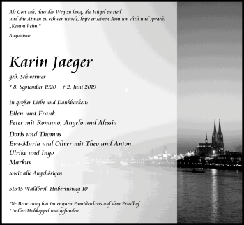 Anzeige von Karin Jaeger von Kölner Stadt-Anzeiger / Kölnische Rundschau / Express