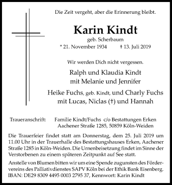 Anzeige von Karin Kindt von Kölner Stadt-Anzeiger / Kölnische Rundschau / Express