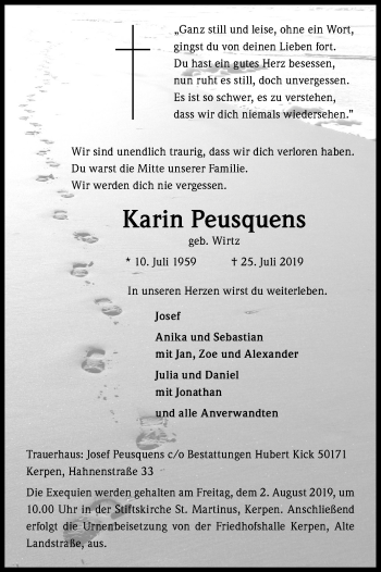 Anzeige von Karin Peusquens von Kölner Stadt-Anzeiger / Kölnische Rundschau / Express