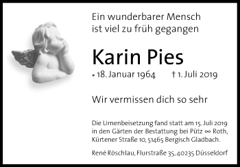 Anzeige von Karin Pies von Kölner Stadt-Anzeiger / Kölnische Rundschau / Express