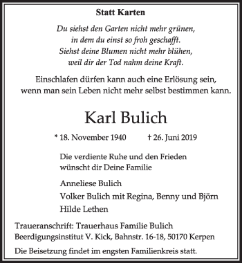 Anzeige von Karl Bulich von  Sonntags-Post 