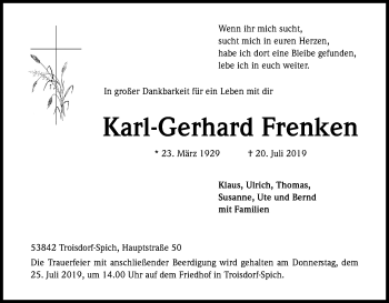 Anzeige von Karl-Gerhard Frenken von Kölner Stadt-Anzeiger / Kölnische Rundschau / Express