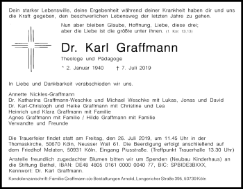 Anzeige von Karl Graffmann von Kölner Stadt-Anzeiger / Kölnische Rundschau / Express