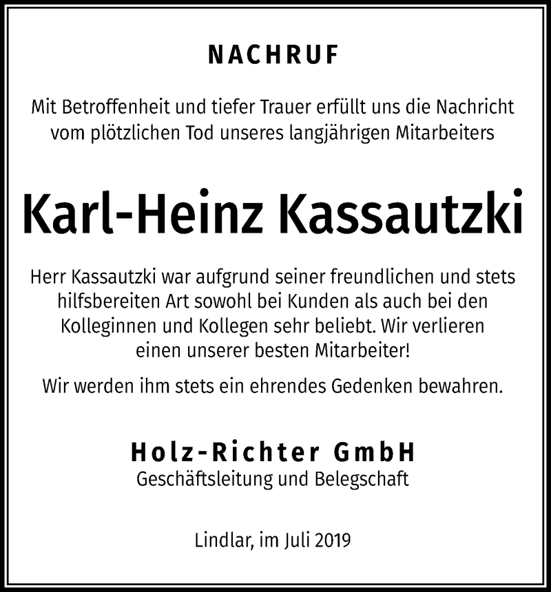  Traueranzeige für Karl-Heinz Kassautzki vom 06.07.2019 aus Kölner Stadt-Anzeiger / Kölnische Rundschau / Express