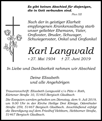 Anzeige von Karl Langwald von Kölner Stadt-Anzeiger / Kölnische Rundschau / Express