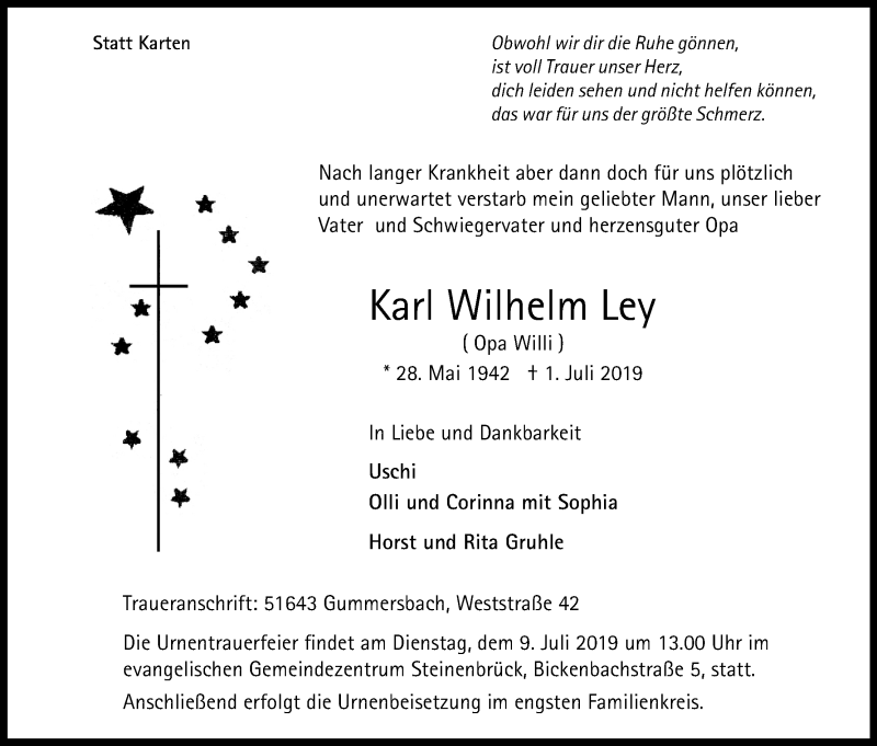  Traueranzeige für Karl Wilhelm Ley vom 06.07.2019 aus Kölner Stadt-Anzeiger / Kölnische Rundschau / Express