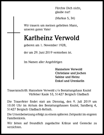 Anzeige von Karlheinz Verwold von Kölner Stadt-Anzeiger / Kölnische Rundschau / Express