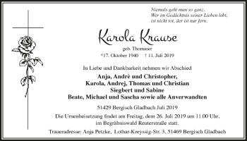 Anzeige von Karola Krause von  Bergisches Sonntagsblatt 