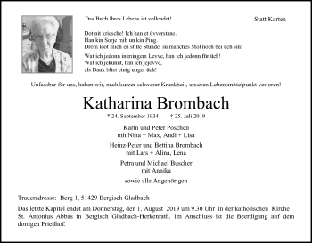 Anzeige von Katharina Brombach von Kölner Stadt-Anzeiger / Kölnische Rundschau / Express