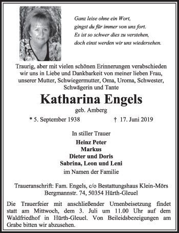 Anzeige von Katharina Engels von  Sonntags-Post 