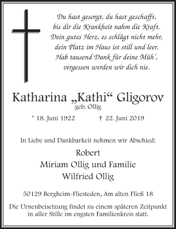 Anzeige von Katharina Gligorov von  Sonntags-Post 