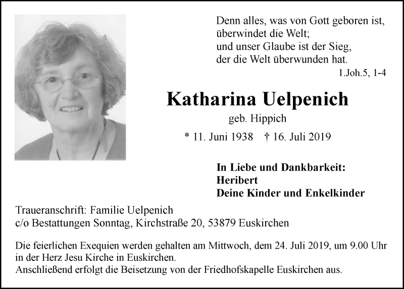  Traueranzeige für Katharina Uelpenich vom 20.07.2019 aus  Blickpunkt Euskirchen 