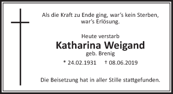 Anzeige von Katharina Weigand von  Sonntags-Post 
