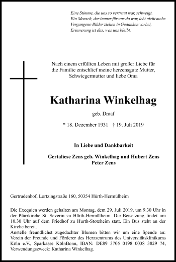 Anzeige von Katharina Winkelhag von Kölner Stadt-Anzeiger / Kölnische Rundschau / Express