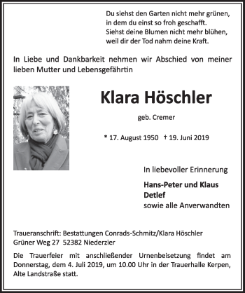 Anzeige von Klara Höschler von  Sonntags-Post 