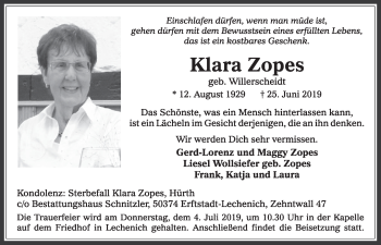 Anzeige von Klara Zopes von  Sonntags-Post 