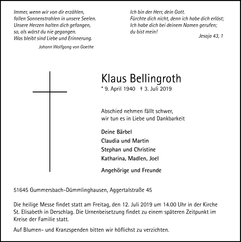  Traueranzeige für Klaus Bellingroth vom 10.07.2019 aus  Anzeigen Echo 