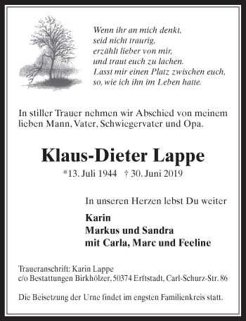 Anzeige von Klaus-Dieter Lappe von  Werbepost 