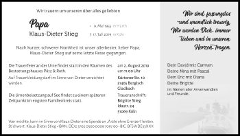 Anzeige von Klaus-Dieter Stieg von Kölner Stadt-Anzeiger / Kölnische Rundschau / Express