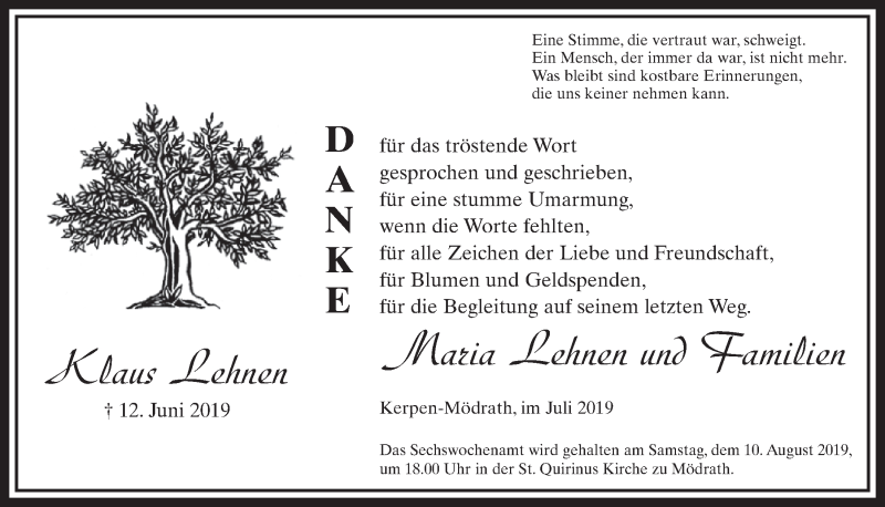  Traueranzeige für Klaus Lehnen vom 27.07.2019 aus  Sonntags-Post 