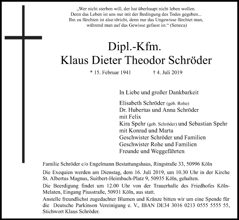  Traueranzeige für Klaus Dieter Theodor Schröder vom 13.07.2019 aus Kölner Stadt-Anzeiger / Kölnische Rundschau / Express