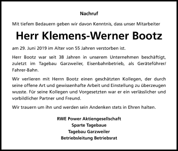Anzeige von Klemens-Werner Bootz von Kölner Stadt-Anzeiger / Kölnische Rundschau / Express