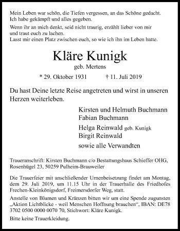 Anzeige von Kläre Kunigk von Kölner Stadt-Anzeiger / Kölnische Rundschau / Express