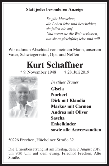 Anzeige von Kurt Schaffner von  Wochenende 