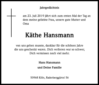 Anzeige von Käthe Hansmann von Kölner Stadt-Anzeiger / Kölnische Rundschau / Express