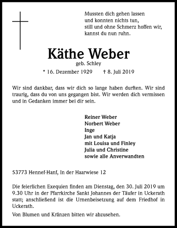 Anzeige von Käthe Weber von Kölner Stadt-Anzeiger / Kölnische Rundschau / Express