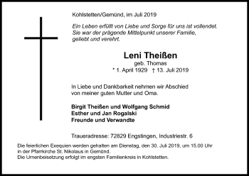 Anzeige von Leni Theißen von Kölner Stadt-Anzeiger / Kölnische Rundschau / Express
