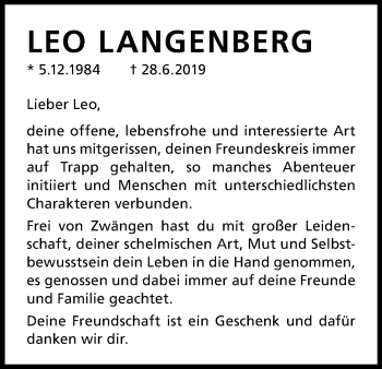 Anzeige von Leo Langenberg von Kölner Stadt-Anzeiger / Kölnische Rundschau / Express