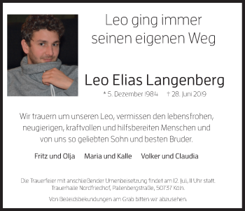 Anzeige von Leo Elias Langenberg von Kölner Stadt-Anzeiger / Kölnische Rundschau / Express