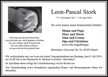 Anzeige von Leon-Pascal Stork von  Sonntags-Post 