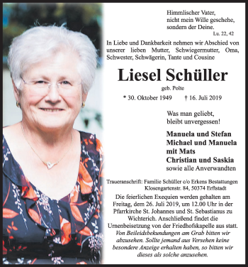 Anzeige von Liesel Schüller von  Blickpunkt Euskirchen 