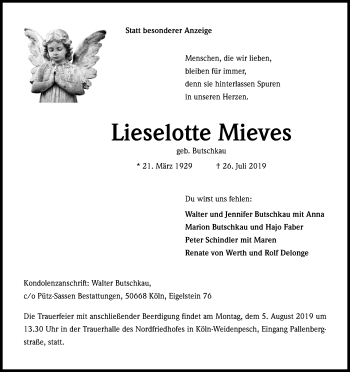 Anzeige von Lieselotte Mieves von Kölner Stadt-Anzeiger / Kölnische Rundschau / Express