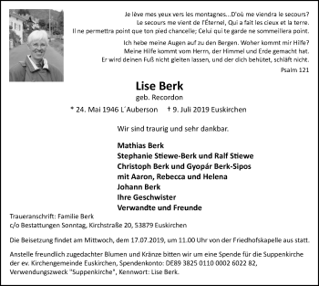 Anzeige von Lise Berk von  Blickpunkt Euskirchen 