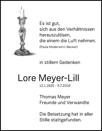 Anzeige von Lore Meyer-Lill von Kölner Stadt-Anzeiger / Kölnische Rundschau / Express