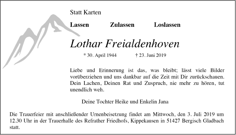  Traueranzeige für Lothar Freialdenhoven vom 29.06.2019 aus  Bergisches Sonntagsblatt 