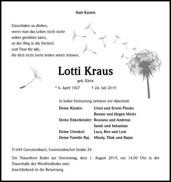 Anzeige von Lotti Kraus von Kölner Stadt-Anzeiger / Kölnische Rundschau / Express
