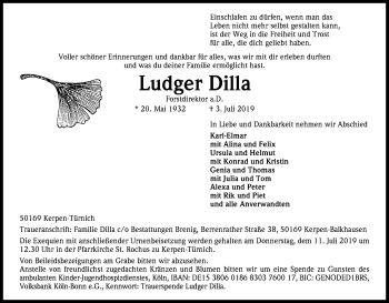 Anzeige von Ludger Dilla von Kölner Stadt-Anzeiger / Kölnische Rundschau / Express