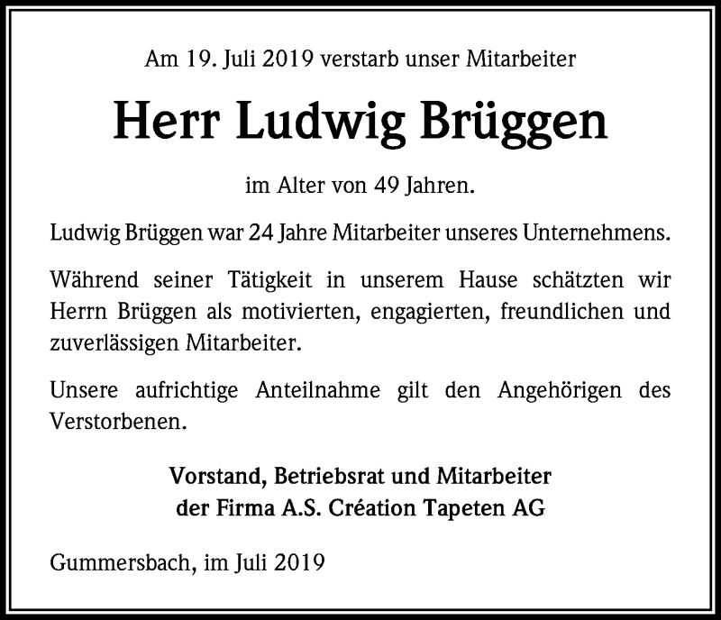  Traueranzeige für Ludwig Brüggen vom 26.07.2019 aus Kölner Stadt-Anzeiger / Kölnische Rundschau / Express