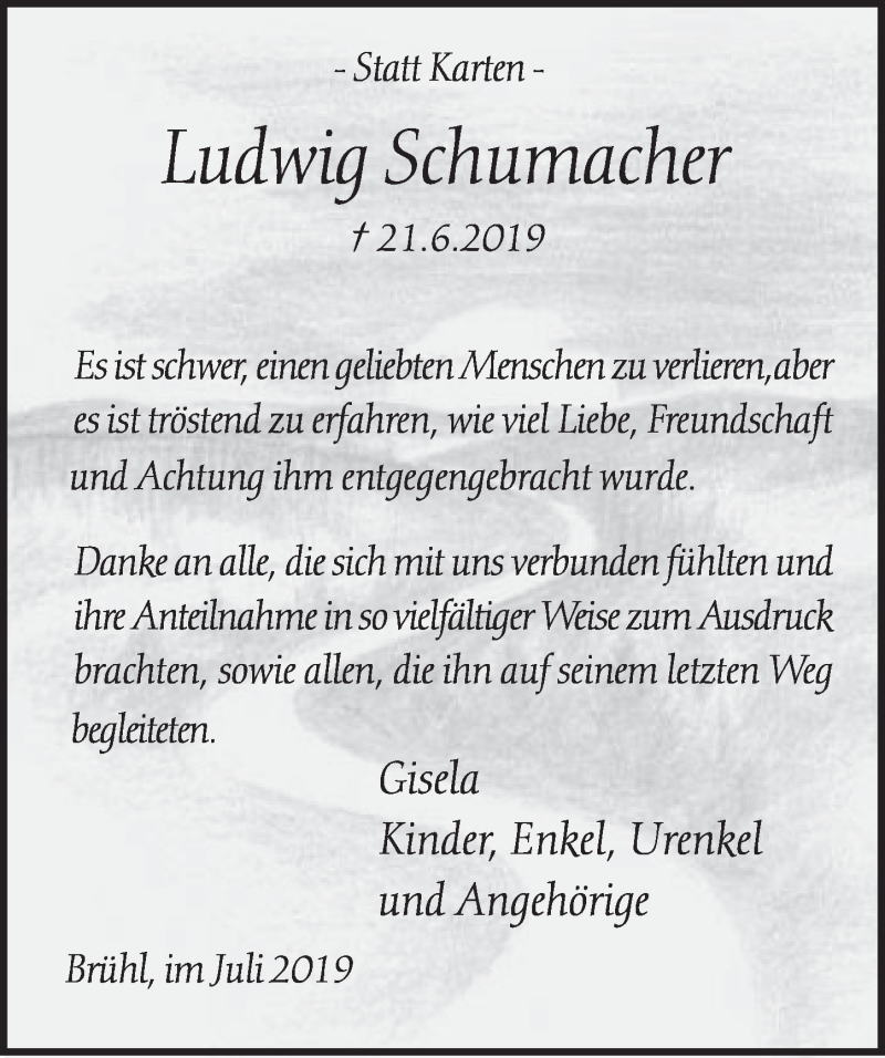  Traueranzeige für Ludwig Schumacher vom 24.07.2019 aus  Schlossbote/Werbekurier 