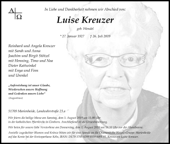Anzeige von Luise Kreuzer von Kölner Stadt-Anzeiger / Kölnische Rundschau / Express
