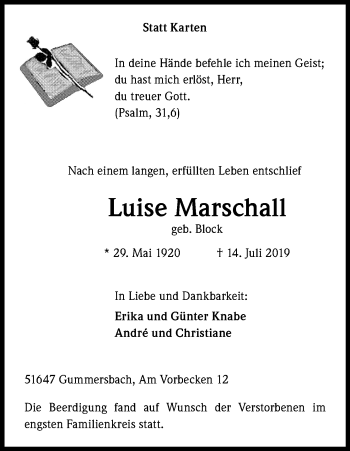 Anzeige von Luise Marschall von Kölner Stadt-Anzeiger / Kölnische Rundschau / Express
