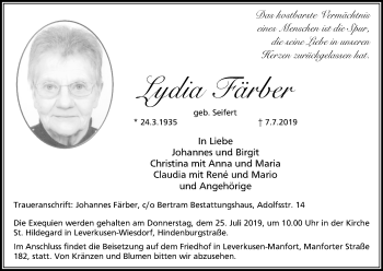 Anzeige von Lydia Färber von Kölner Stadt-Anzeiger / Kölnische Rundschau / Express