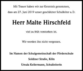 Anzeige von Malte Hirschfeld von Kölner Stadt-Anzeiger / Kölnische Rundschau / Express