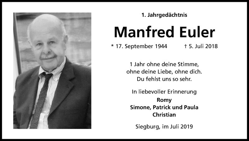  Traueranzeige für Manfred Euler vom 05.07.2019 aus Kölner Stadt-Anzeiger / Kölnische Rundschau / Express