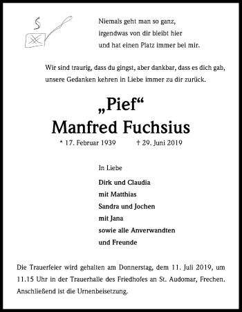 Anzeige von Manfred Fuchsius von Kölner Stadt-Anzeiger / Kölnische Rundschau / Express